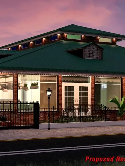 A 3D proposal for a restaurant in Panathur, rendered in a twilight setting to showcase the exterior lighting design and classic architectural elements.