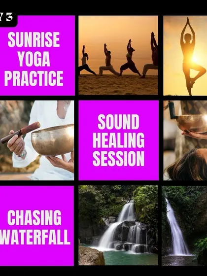 Day 3 of our Bali retreat is dedicated to Sound Healing. The day includes a sunrise yoga practice, a deep sound healing session with singing bowls, and an adventurous trip chasing waterfalls.