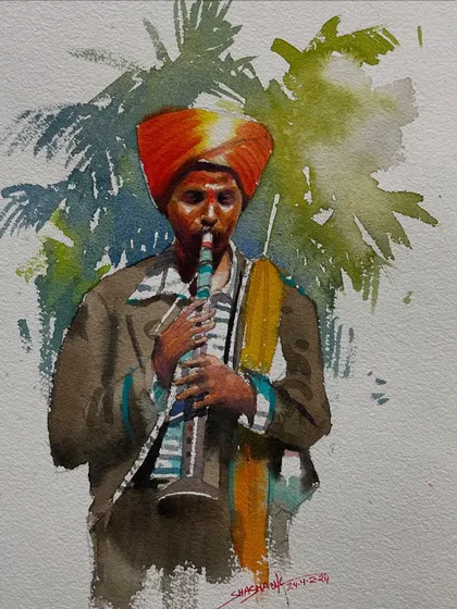 A watercolor painting of a musician playing a shehnai. This was a demo for my online figure class, focusing on hands and posture.