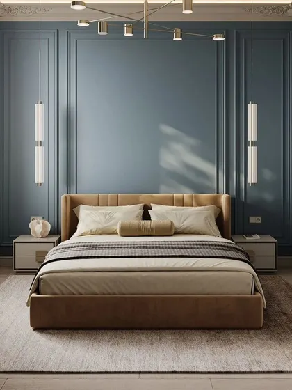 A wide shot of the classic blue bedroom render, showing the balance of colors and textures.