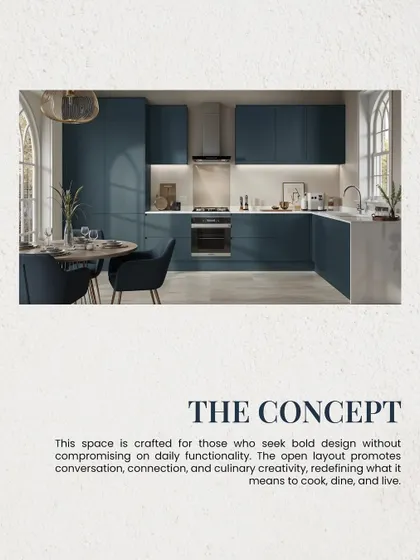 This concept image showcases a bold design with deep blue cabinetry in an open layout. It’s crafted for those who want a kitchen that promotes conversation and creativity without compromising on daily functionality.