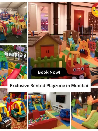 An exclusive rented playzone in Mumbai. This collage features five different setups, from a large tented area to a cozy indoor party, all filled with premium toys and happy kids.
