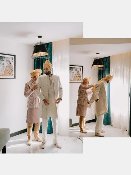 A collage of the groom getting ready with his groomsmen, all dressed in coordinated outfits, capturing the pre-wedding excitement.