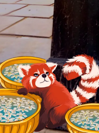 Another scene from my red panda wedding series. Here, the curious creature is peeking over traditional bowls of flowers.