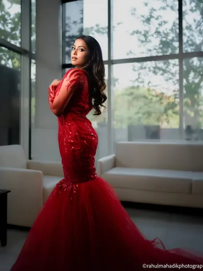 Another angle of the full-length portrait, capturing her pose against the window light. This image highlights the texture and sparkle of the gown's fabric.