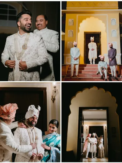 A collage of the groom getting ready for his royal-themed wedding, with family helping him with his sherwani and safa in a grand setting.
