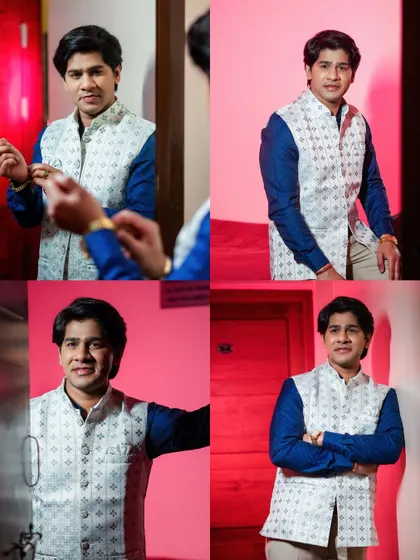 A collage showcasing the groom's style and personality as he gets ready for his engagement ceremony.