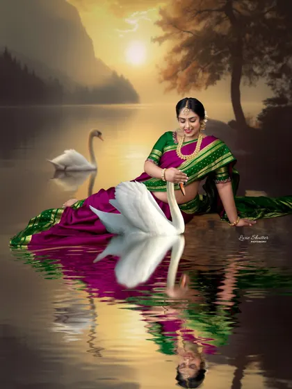 Inspired by classic paintings, this fine-art maternity portrait combines the grace of traditional attire with a serene, painterly background. The reflection in the water adds a touch of magic to the entire composition.