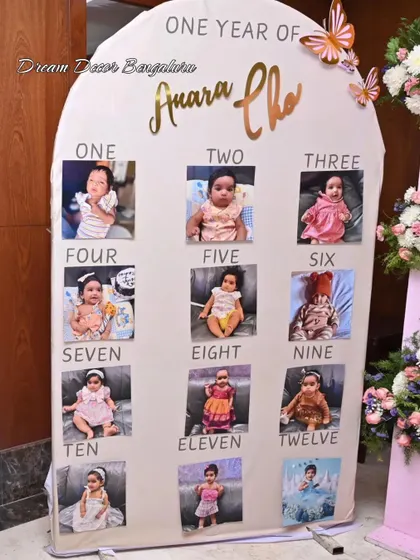 A personalized 'One Year Of' photo board is a heartwarming addition to any first birthday. This one was for a dreamy 'Onderland' party, showcasing the baby's monthly milestones.