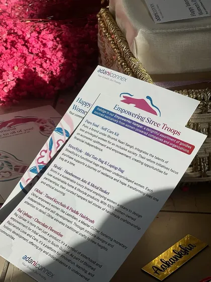 The info card from the 'Empowering Stree Troops' hamper. It details the story behind each product, many of which are sourced from women entrepreneurs and NGOs.
