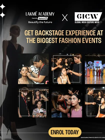 Our students get exclusive backstage access at major fashion events like Global India Couture Week. This collage shows them in action, gaining hands-on editorial makeup experience with real models, a core part of our industry-focused curriculum.