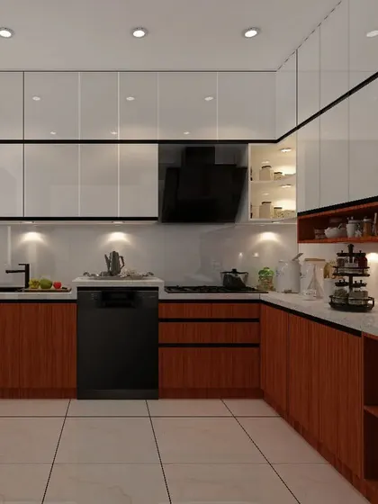 A beautiful kitchen design that combines wood-grain lower cabinets with glossy white upper cabinets. This two-tone approach adds visual interest and warmth to the space.