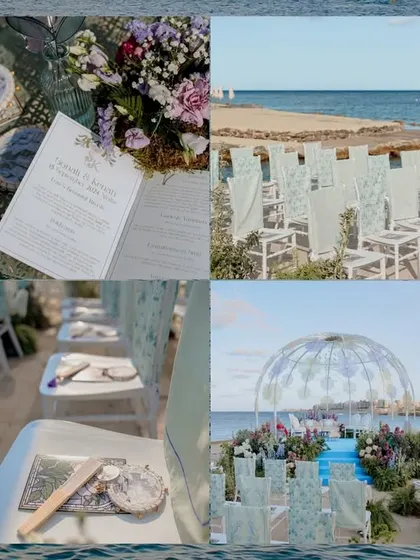 A collage of the beautiful seaside wedding decor in Malta, showcasing the thoughtful details that made the day special, set against the blue Mediterranean.