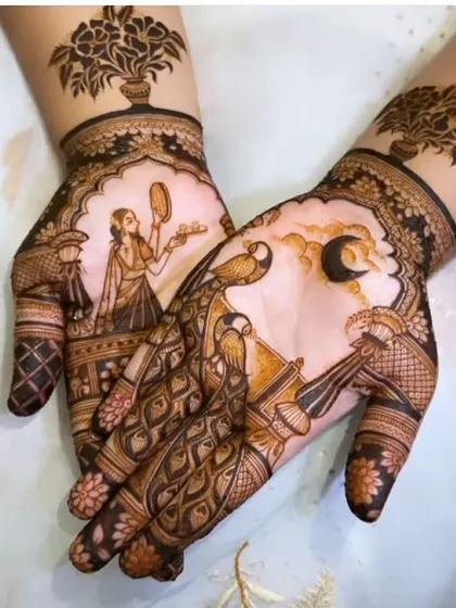 A creative Karwa Chauth design showing the moon, a sieve, and a peacock. I teach you how to create thematic and symbolic designs.