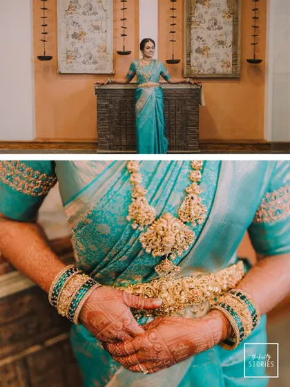 A collage showing the bride's full portrait and a close-up of her stunning temple jewelry and turquoise silk saree.