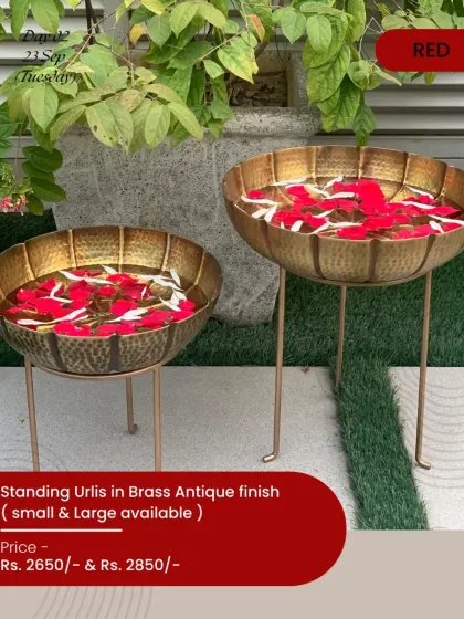 For the first day of Navratri, I love using the colour red. These standing urlis in a brass antique finish, filled with red flower petals, bring such a vibrant and festive energy to the home.
