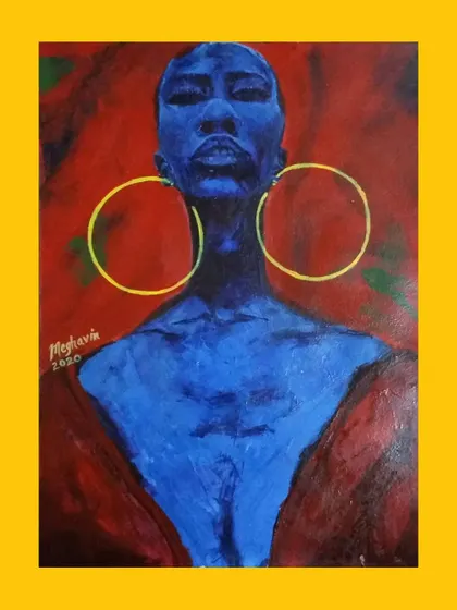 "Sometimes there is such beauty in awkwardness." This acrylic portrait on canvas plays with vibrant, contrasting colors and a strong, direct gaze to capture a unique form of beauty.