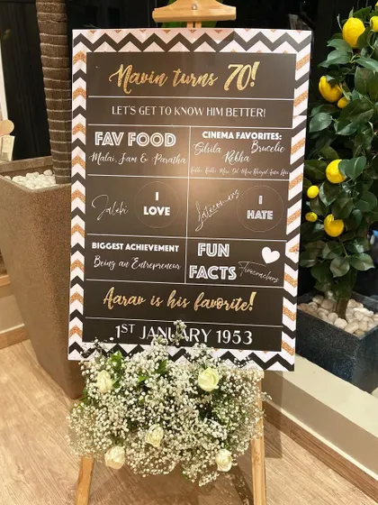 A fun and personal touch for a milestone birthday. This 'About Me' board shares fun facts about the guest of honor, making the celebration even more intimate and special.