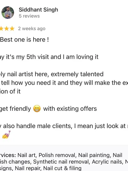 This client, on his 5th visit, calls us "The Best one". He praises our talented artists who can create the exact design you want and notes that we are budget-friendly and welcoming to male clients.