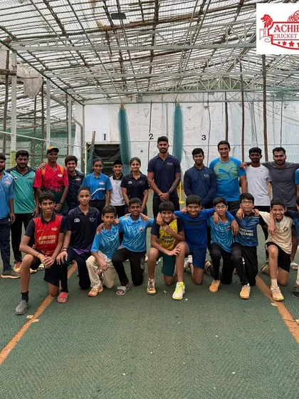 A group photo of our young cricketers with IPL star Aman Khan. It was an honor to have him visit our indoor practice session and share his invaluable experience with the next generation.