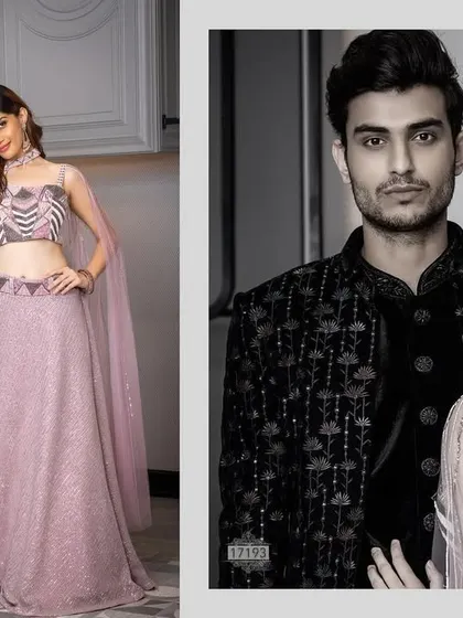 When the couple wants their twinning game on point, they come to me. This stylish pair looks incredible in a lavender lehenga and a matching embroidered black sherwani.