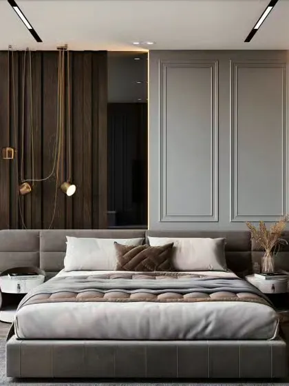 A modern and moody hotel-style bedroom featuring dark wood paneling and sleek, integrated furniture. The design balances dark tones with soft lighting to create an intimate and luxurious space.