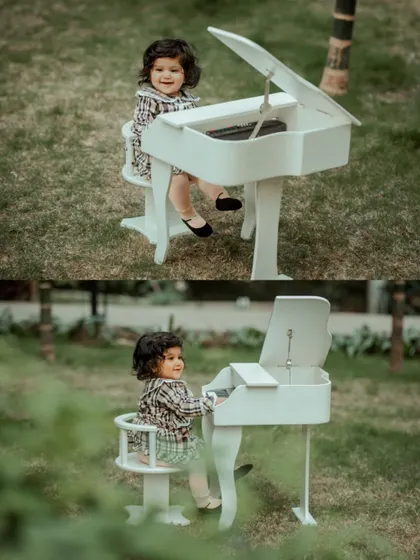 A collage of a little girl in a plaid dress enjoying her time with the miniature white piano in a garden.
