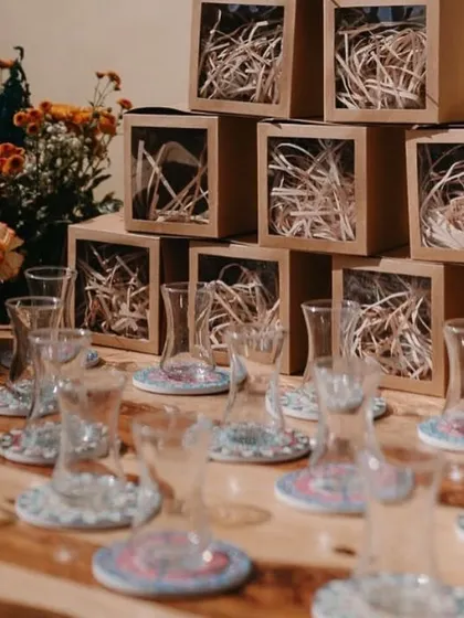 Beautifully packaged Turkish tea glasses as wedding favors. I believe in giving guests a memorable and thoughtful token to take home.