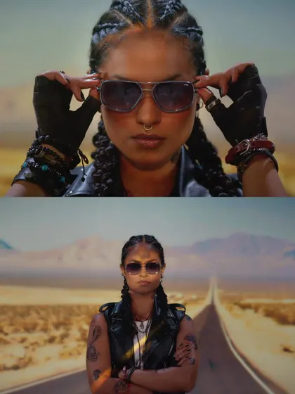 Two stills from my IDEE Eyewear film, capturing a rebellious, road-trip aesthetic. The desert landscape and strong character styling create a cinematic and adventurous mood for the brand.