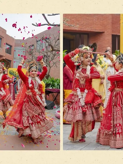 A diptych of the dancers performing amidst a shower of rose petals. The movement and color in these shots create a dynamic and beautiful visual story of the haldi event.