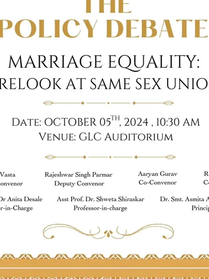 The poster for 'The Policy Debate' on marriage equality at GLC, Mumbai. Engaging with law students on contentious issues like same-sex unions is essential for fostering a progressive legal culture.