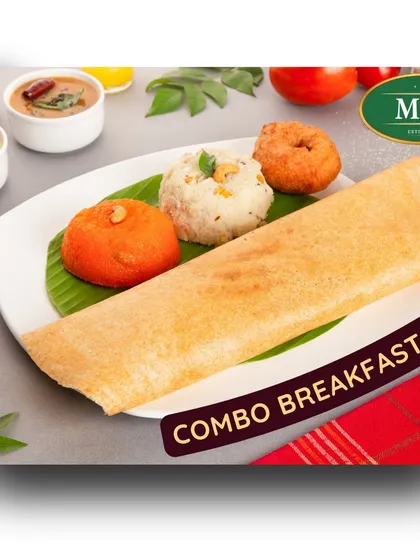 Our combo breakfast plate, featuring a mini dosa, vada, upma, and kesari. It's the perfect way to start your day with a variety of delicious flavors.