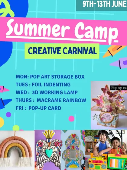 Welcome to the 'Creative Carnival' week of our summer camp. Kids got to make pop art storage boxes, try foil indenting, build a working lamp, and craft macrame rainbows.