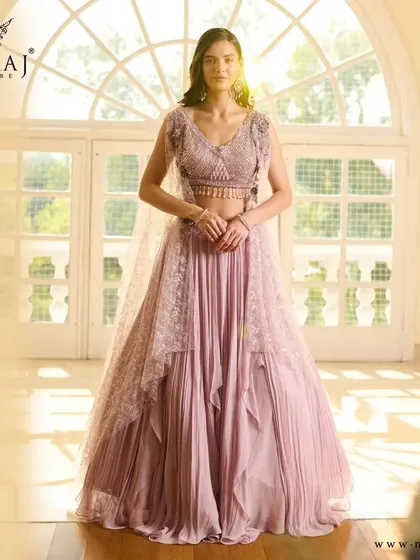 A full view of the pleated lavender crop top lehenga, a perfect example of pleated perfection and enchantment.