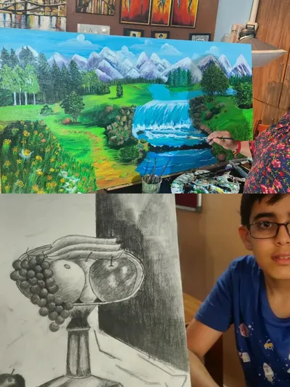 I offer fine art courses for both adults and teens, covering everything from realistic landscape painting in acrylics to foundational still life sketching with pencils. This image shows the diverse range of skills my students learn.