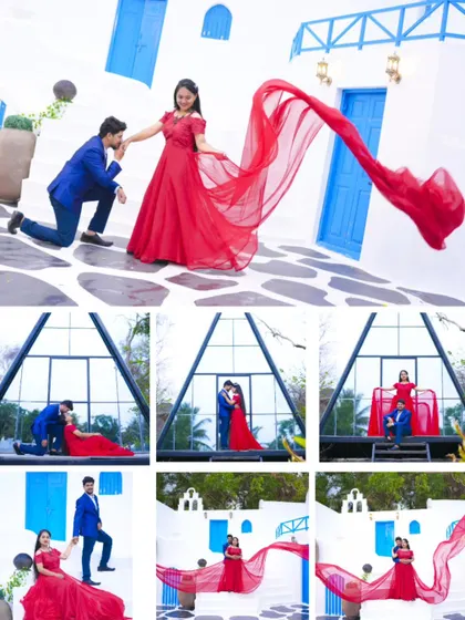 A collage of a pre-wedding shoot with a vibrant red gown against a Santorini-style backdrop, showing various poses and the dramatic flowing fabric.
