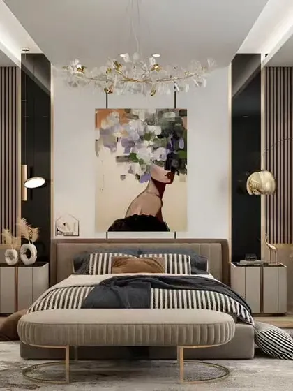 An artistic bedroom featuring a large piece of abstract art above the bed and stylish fluted wall panels.