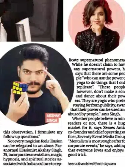 A close-up of the Mid-Day article. I explain that while I don't have real powers, I use my skills to replicate what people might perceive as supernatural, creating a powerful theatrical experience.
