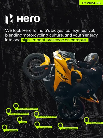 We took Hero MotoCorp to India's biggest college festivals, creating a high-impact presence across 8 campuses. This campaign blended motorcycling culture with youth energy through stunt shows, interactive zones, and branded merchandise, reaching millions online and lakhs on the ground.