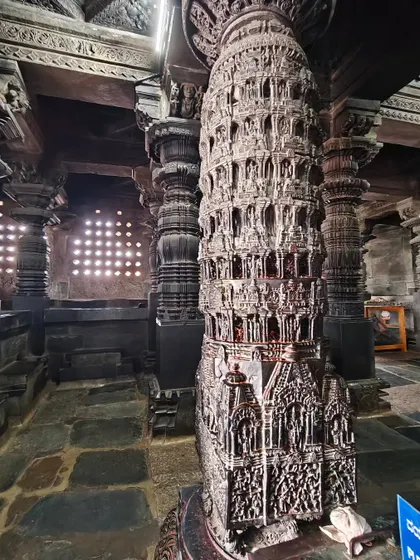 The intricately carved pillars at a temple in Hassan. These sites are an ode to dance, and it's disheartening when artists are restricted from offering their art as a prayer here.