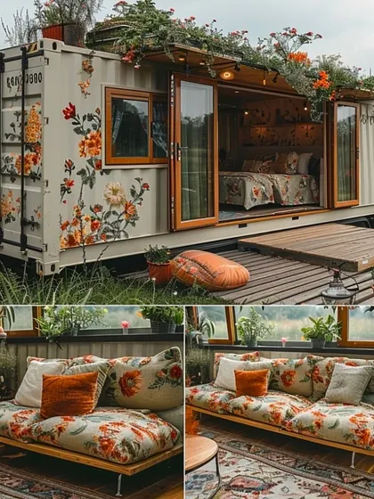 A container home can be a beautiful canvas. This project shows how a simple shipping container can be transformed into a charming, floral-patterned home with a warm and inviting interior.