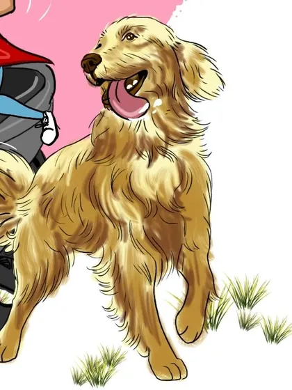 A detailed look at the digitally painted golden retriever from the caricature, capturing its happy and energetic personality. I love including pets to make the artwork even more special.