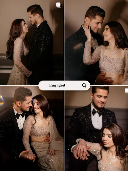 A collection of intimate and happy moments from a formal engagement shoot, showcasing the couple's chemistry and style.