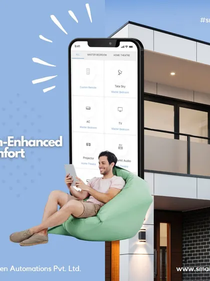 Tech-enhanced comfort. This visual shows how you can relax and control every aspect of your home, from the projector to the AC, right from your tablet.
