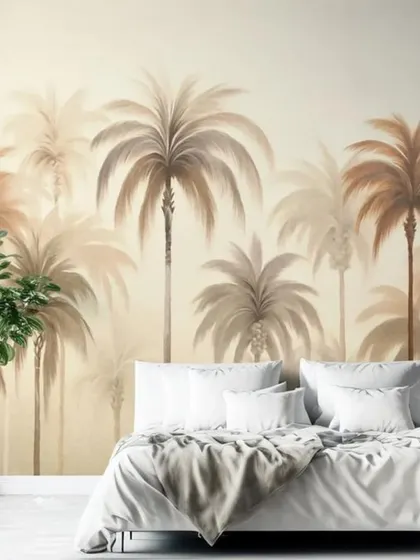 A bedroom with a view. This calming palm tree mural in neutral tones creates a serene, resort-like atmosphere, perfect for relaxation.