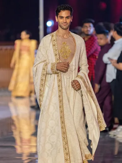 Male grooming for an Abu Jani Sandeep Khosla runway show. The goal was a clean, polished look that enhances features naturally under the bright lights of the runway, ensuring the model looks his absolute best.