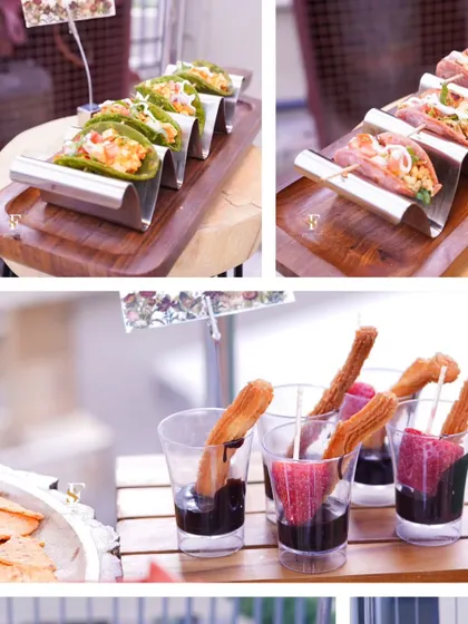 A collage showcasing our popular international bites. It features our mini tacos and churros with chocolate dip, highlighting the variety we offer for any event.