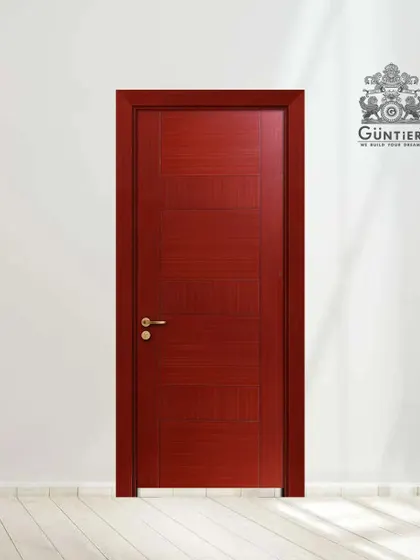 A luxury laminated door in a bold red finish. Laminated doors offer excellent durability and a vast range of colors and patterns, perfect for a modern aesthetic.