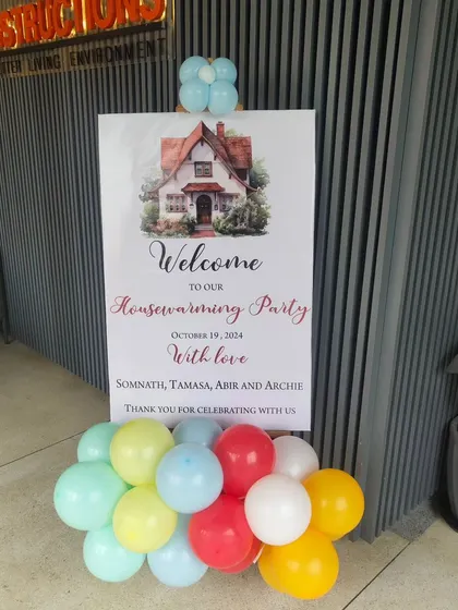 A simple and elegant welcome sign for a housewarming party.