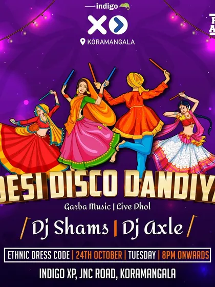 The poster for Desi Disco Dandiya at Indigo XP, where I played alongside DJ Axle. Two venues, one massive Navratri celebration.